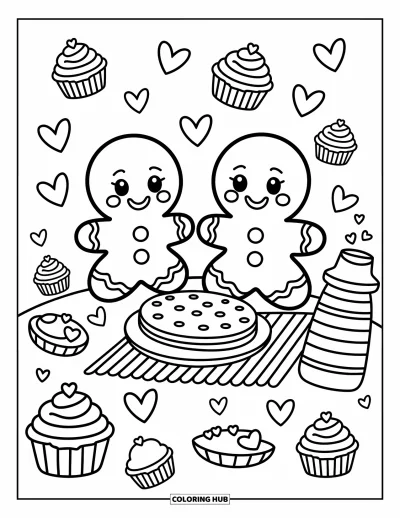 Coloriage de pain d'épices pour adultes : Des amis en pain d'épices se détendent lors d'un pique-nique sur une colline avec des cupcakes et de la vapeur en forme de cœurs