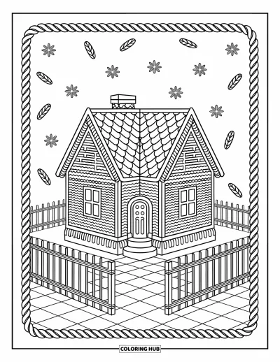 Coloriage de pain d'épices pour adultes : Une maison en pain d'épices avec des couches de glaçage, des clôtures en bonbons et des chemins en carreaux de menthe poivrée