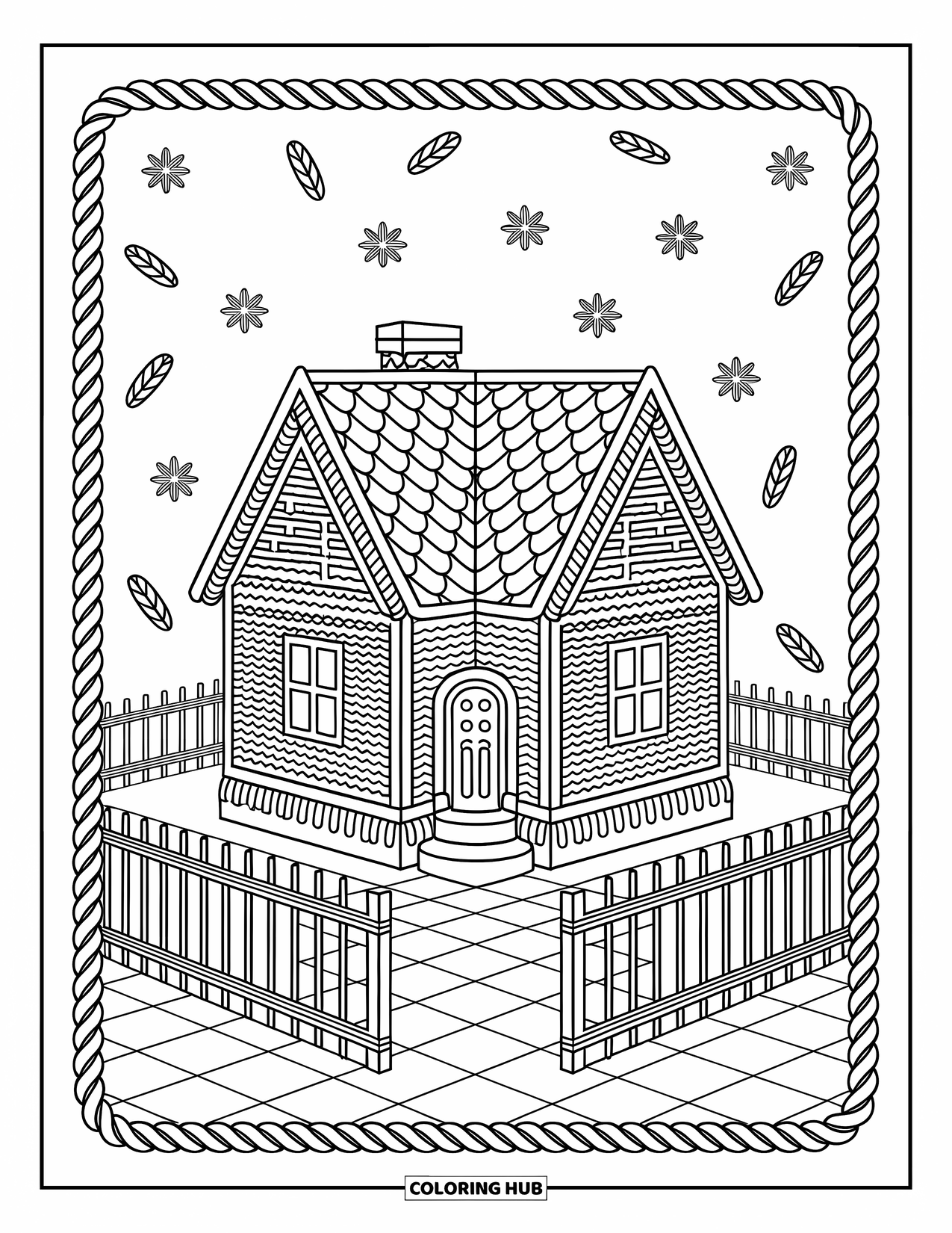 Gingerbread Coloring Page for Adults: Gingerbread house with icing layers, candy fences, and peppermint tile paths