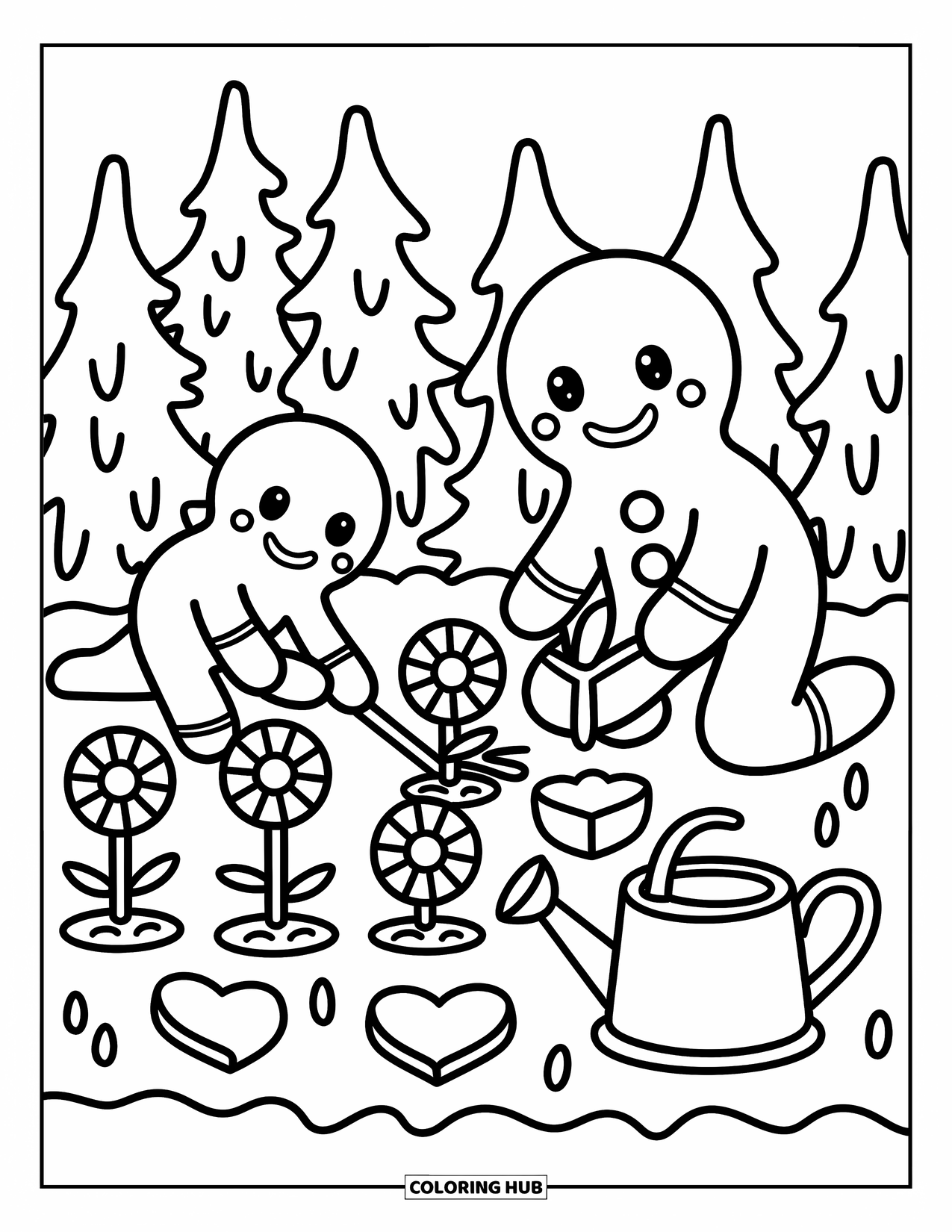 Gingerbread Coloring Page for Adults: Gingerbread parent and child plant candy cane trees with love and tiny garden tools