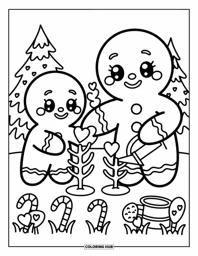 Coloriage de pain d'épices pour adultes : Un parent et son enfant en pain d'épices plantent des cannes en sucre d'orge avec amour dans un jardin fantaisiste