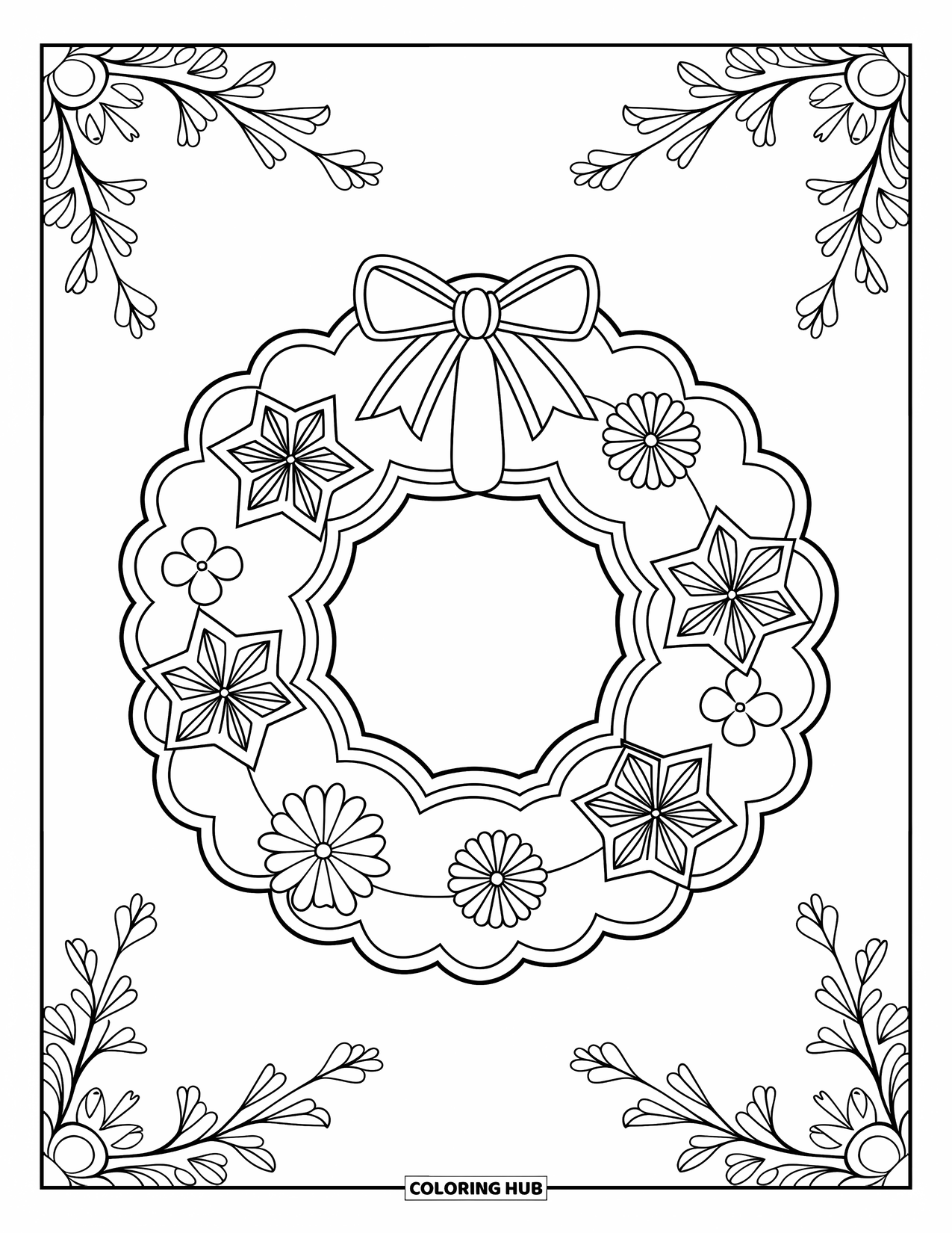 Gingerbread Coloring Page for Adults: Gingerbread wreath wrapped in intricate flourishes and framed by delicate patterns