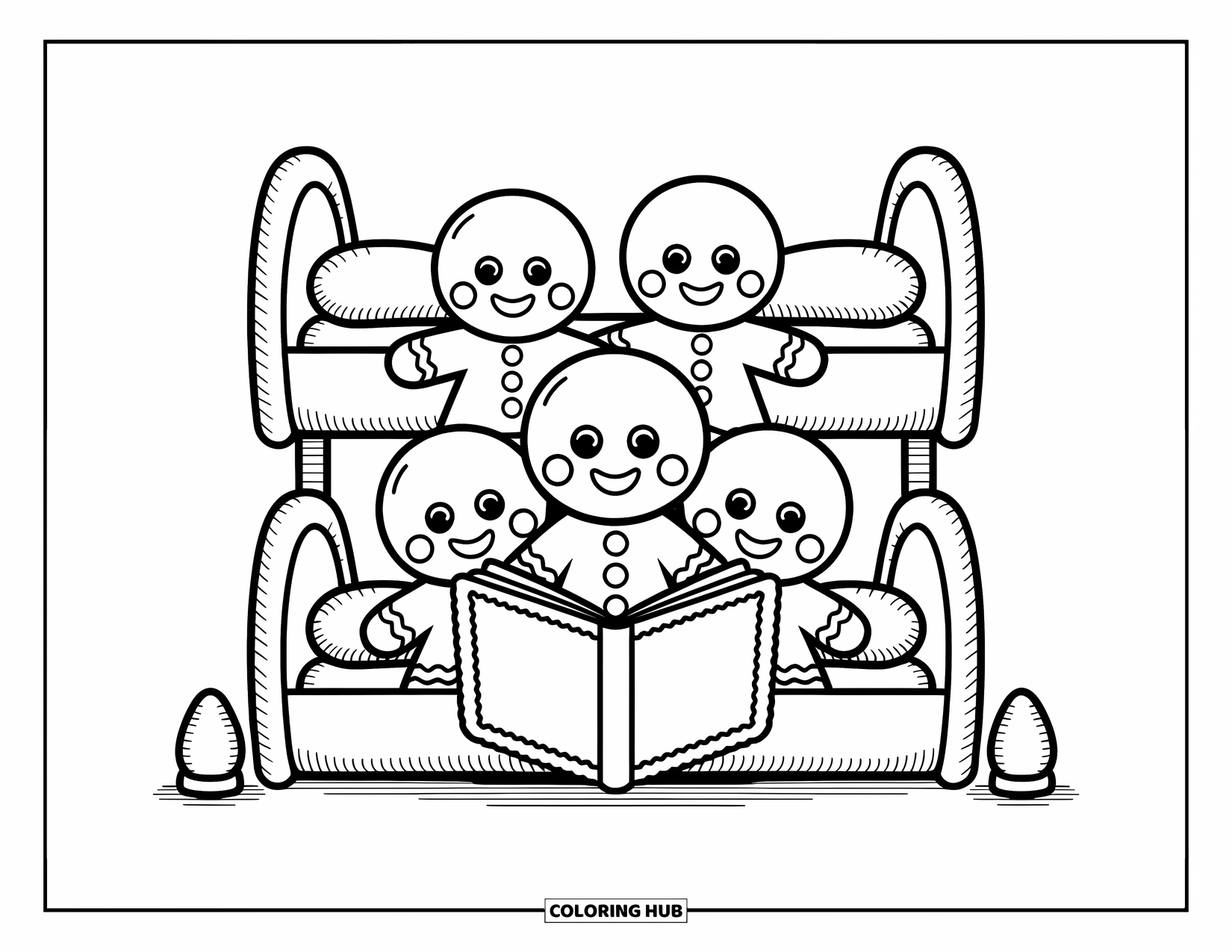 Gingerbread Coloring Page for Adults: Matching pajamas and bedtime stories bring this gingerbread family closer in their cookie bunk bed