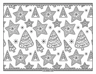 Coloriage de pain d'épices pour adultes : Motif répété de gourmandises en pain d'épices, d'étoiles de Noël et de sapins avec des lignes de glaçage tourbillonnantes