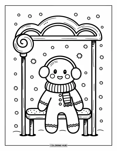 Coloriage de pain d'épices pour adultes : La neige tombe doucement sur un personnage en pain d'épices qui attend à un arrêt de bus en bonbons avec le sourire