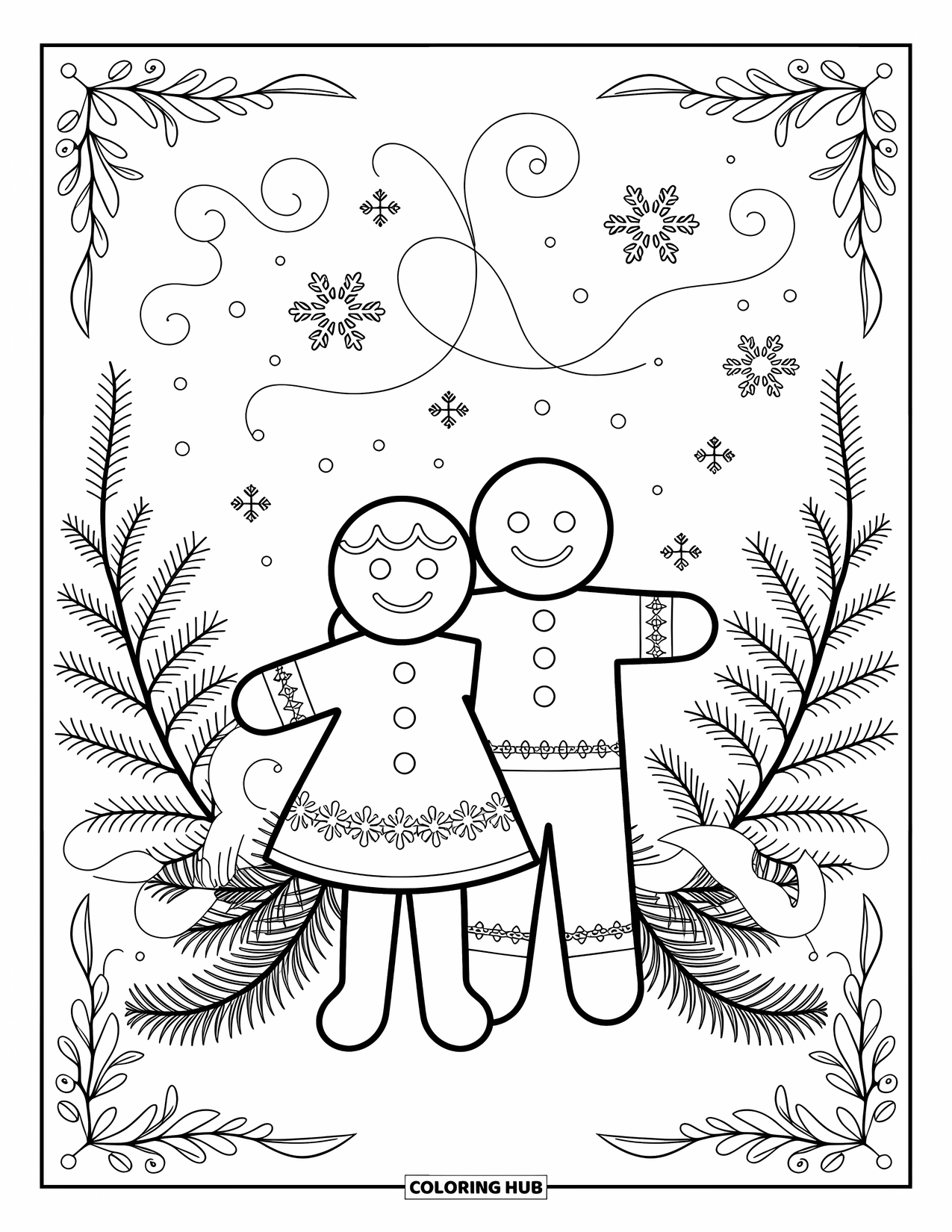 Gingerbread Coloring Page for Adults: Stylized gingerbread couple framed by swirls, snowflakes, and festive evergreen branches