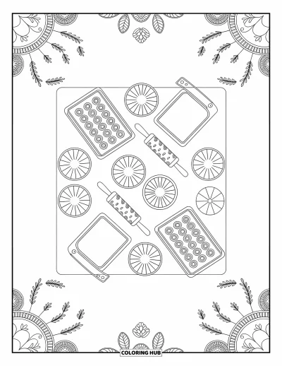 Coloriage de pain d'épices pour adultes : Vue du dessus d'une table de pâtisserie chaleureuse avec des biscuits, des ustensiles et de jolis motifs