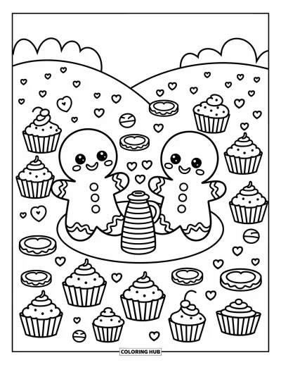 Coloriage de pain d'épices pour adultes : Deux amis en pain d'épices savourent un délicieux pique-nique avec des cupcakes et un thermos fumant en forme de cœur