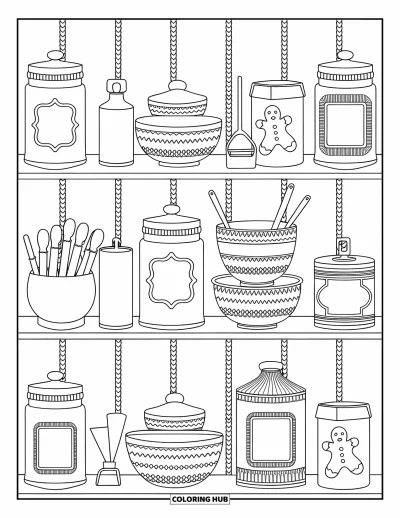 Coloriage de pain d'épices pour adultes : Une étagère de pâtisserie fantaisiste avec des bocaux étiquetés, des bols empilés et des emporte-pièces en pain d'épices
