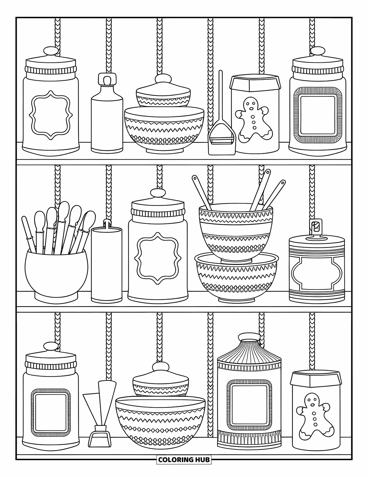 Gingerbread Coloring Page for Adults: Whimsical baking shelf with labeled jars, stacked bowls, and gingerbread cutters