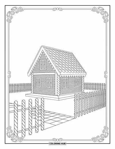 Coloriage de pain d'épices pour adultes : Une maison en pain d'épices fantaisiste nichée entre de douces clôtures et des chemins tourbillonnants à la menthe poivrée