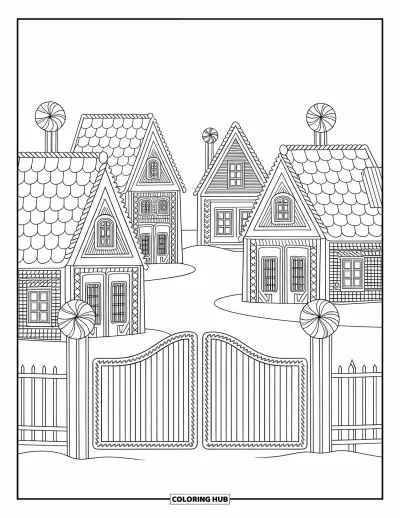 Coloriage de pain d'épices pour adultes : Un village en pain d'épices fantaisiste avec des toits uniques, des lampadaires en bonbon et des portails givrés
