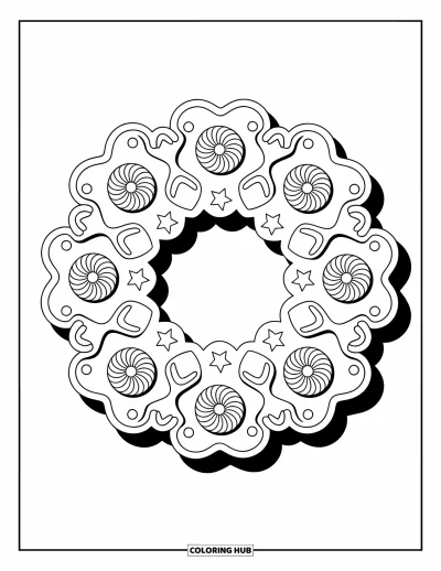 Coloriage de pain d'épices pour adultes : Couronne de biscuits et de rosettes en glaçage entourée de délicates décorations raffinées