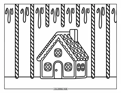 Coloriage de pain d'épices pour enfants : Une maison en pain d'épices toute décorée se dresse fièrement avec des stalactites de glace et des colonnes en bonbons