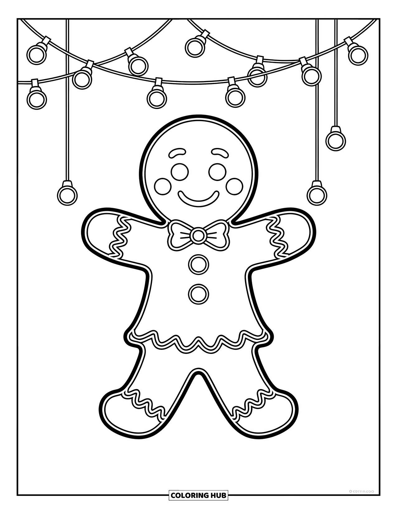 Gingerbread Coloring Page for Kids: A cheerful gingerbread friend decorates with gumdrop fairy lights in a playful pose