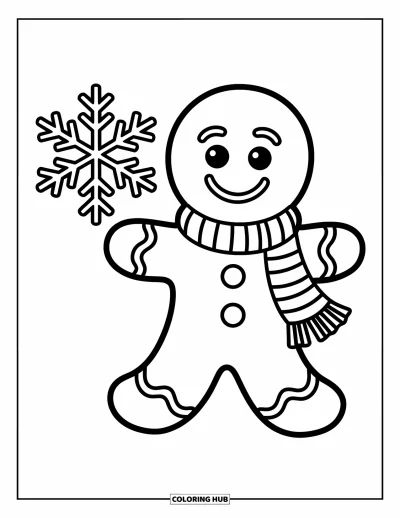 Coloriage de pain d'épices pour enfants : Un petit bonhomme en pain d'épices se tient joyeusement à côté d'un délicat flocon de neige
