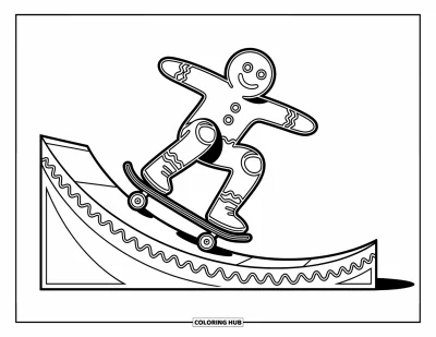 Coloriage de pain d'épices pour enfants : Un courageux patineur en pain d'épices fait des figures sur une rampe givrée