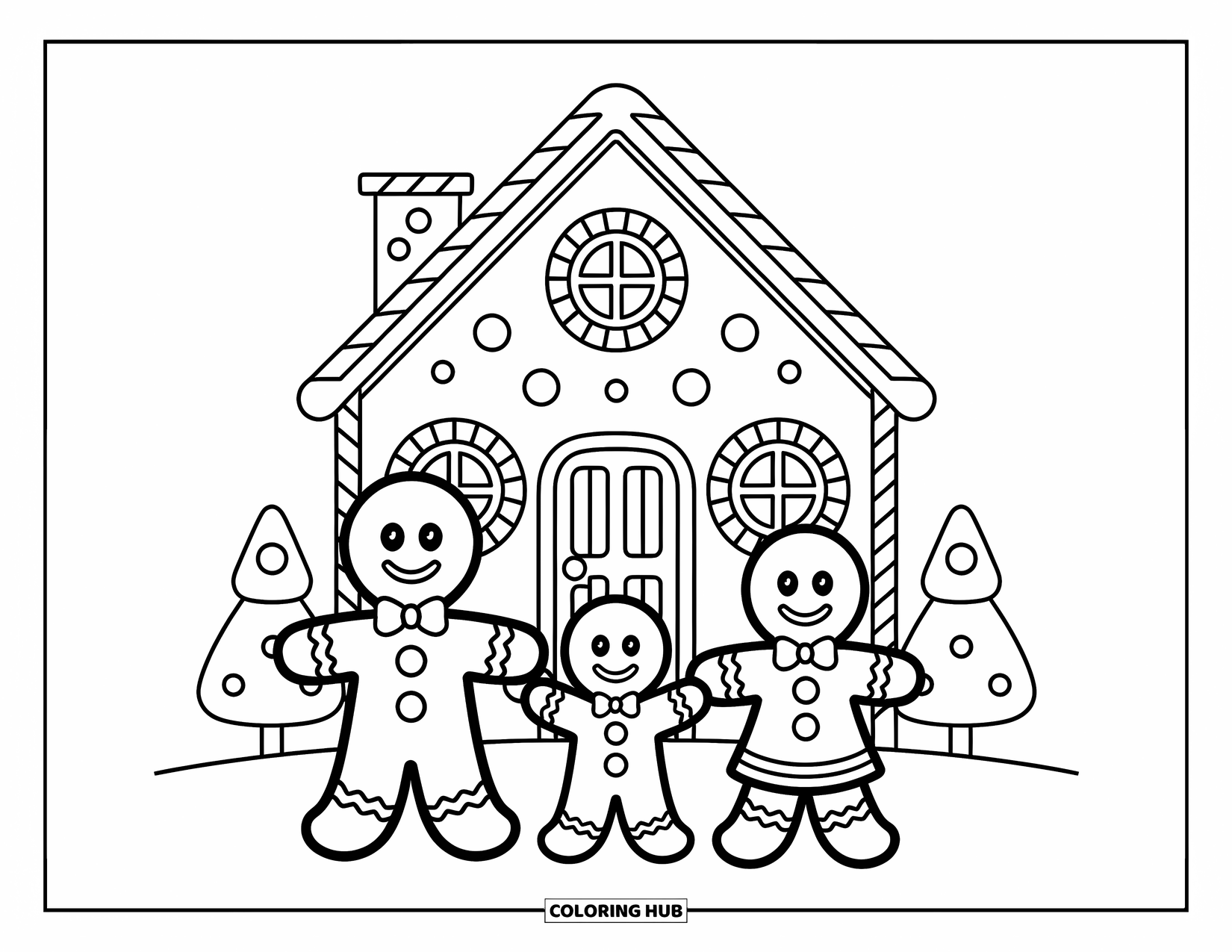 Gingerbread Coloring Page for Kids: A gingerbread family stands smiling outside their candy-covered home