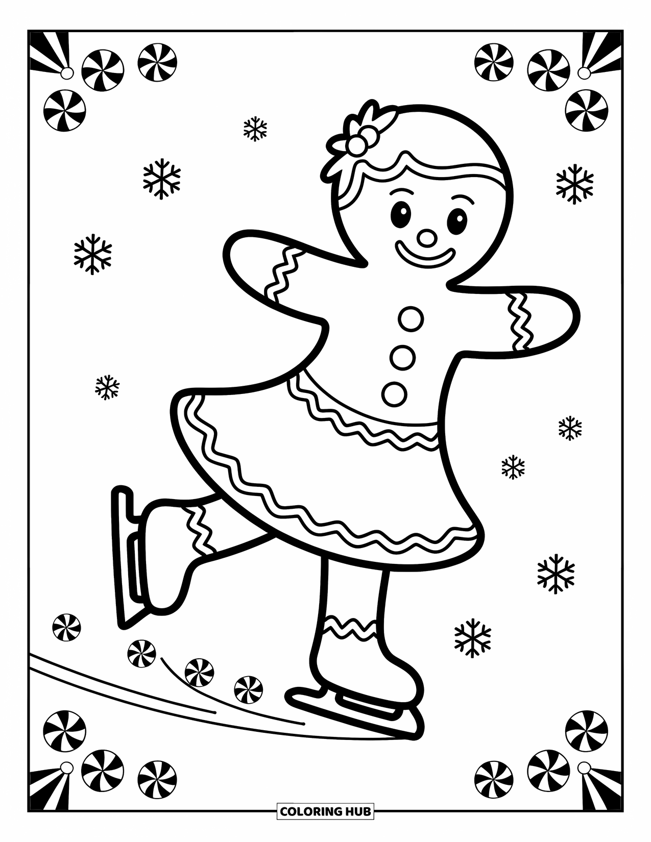 Gingerbread Coloring Page for Kids: A gingerbread girl glides on ice, sparkling peppermint patterns swirling in her path