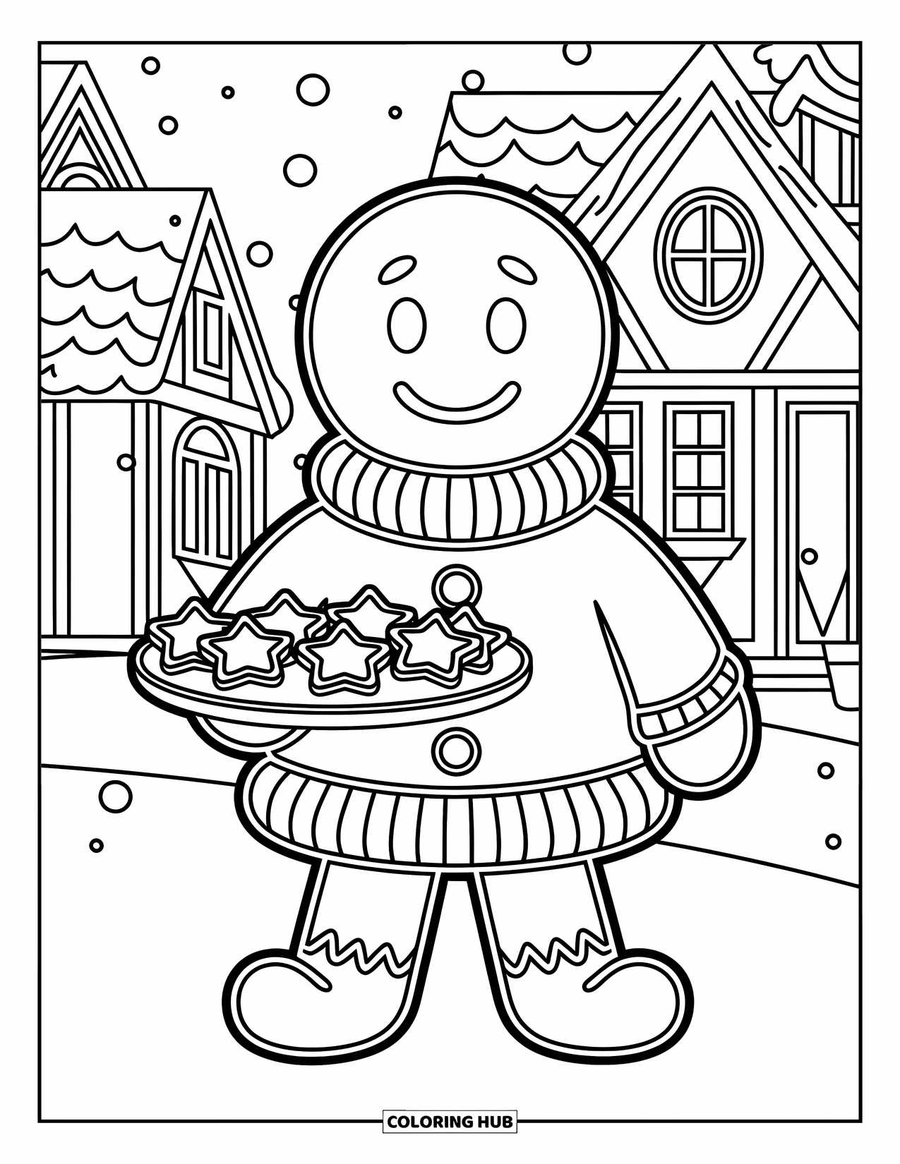 Gingerbread Coloring Page for Kids: A smiling gingerbread figure carries a tray of star cookies in a festive village scene