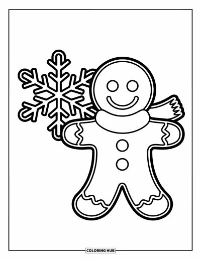 Coloriage de pain d'épices pour enfants : Un bonhomme en pain d'épices bien emmitouflé tient un flocon et affiche un grand sourire joyeux