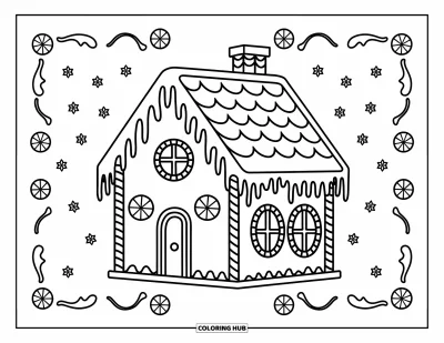 Coloriage de pain d'épices pour enfants : Une charmante maison en pain d'épices avec des colonnes en bonbon à la menthe et des toits couverts de glaçage