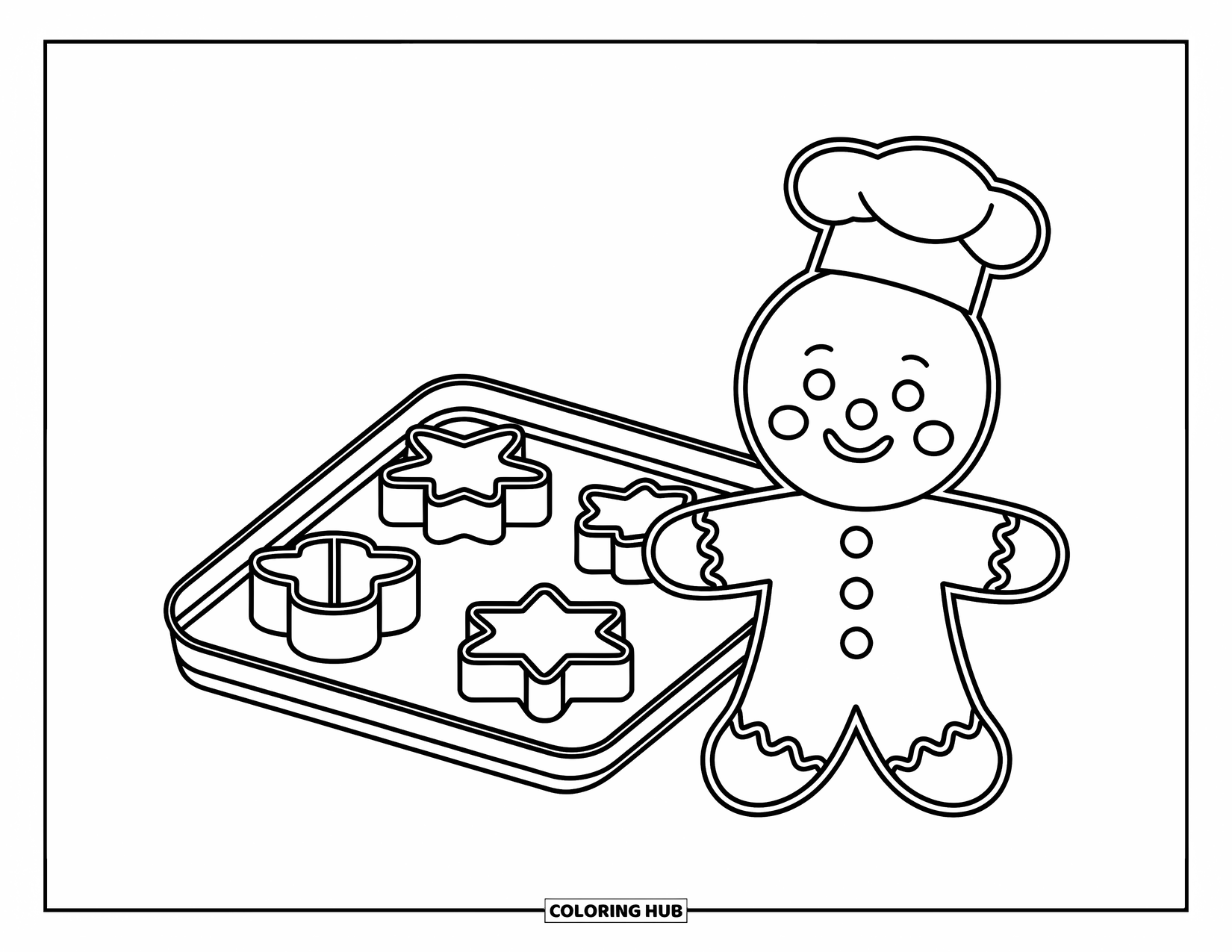 Gingerbread Coloring Page for Kids: Cheerful gingerbread baker smiles beside a tray of cookie cutters in fun shapes