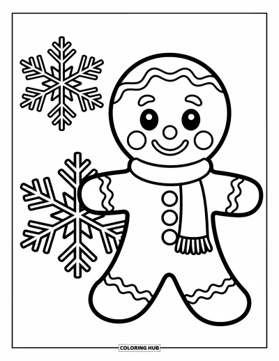 Coloriage de pain d'épices pour enfants : Un joyeux bonhomme en pain d'épices et un flocon de neige partagent un moment hivernal plein de gaieté