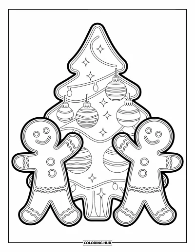Coloriage de pain d'épices pour enfants : Un joyeux duo en pain d'épices accroche des boules de Noël sur un arbre recouvert de bonbons