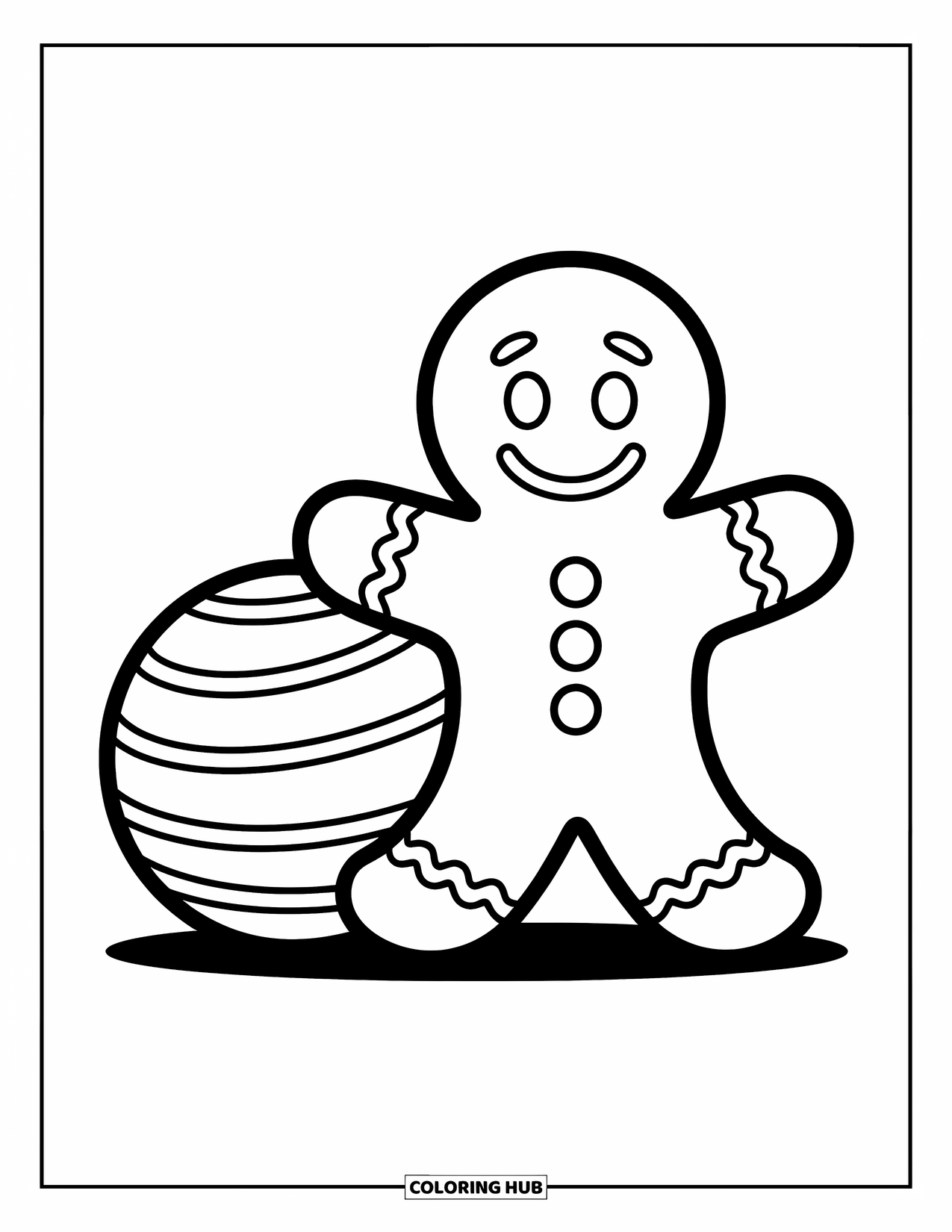 Gingerbread Coloring Page for Kids: Cheerful gingerbread man stands next to a towering gumdrop ready for fun