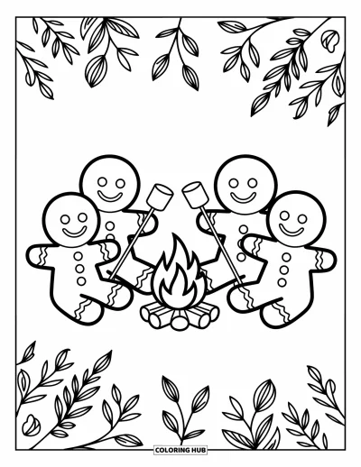 Coloriage de pain d'épices pour enfants : De joyeux campeurs en pain d'épices se réchauffent au coin du feu avec des guimauves sur des bâtons