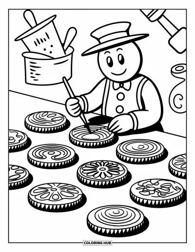 Coloriage de pain d'épices pour enfants : Un artiste en pain d'épices ajoute des motifs en glaçage sur des biscuits avec beaucoup de créativité