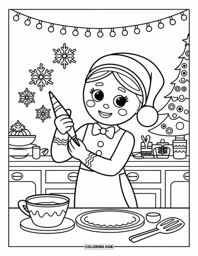 Coloriage de pain d'épices pour enfants : Un boulanger en pain d'épices dessine des flocons en glaçage entouré de guirlandes lumineuses et d'un sapin chaleureux