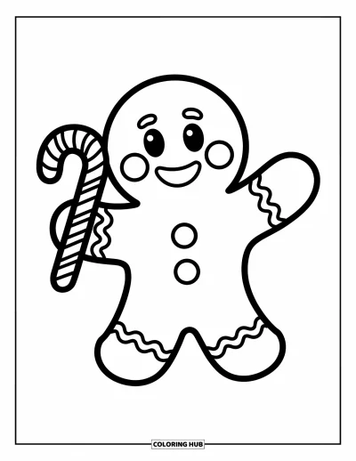 Coloriage de pain d'épices pour enfants : Un personnage en pain d'épices agite la main avec enthousiasme, une canne en sucre d'orge à la main