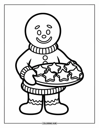 Coloriage de pain d'épices pour enfants : Personnage en pain d'épices avec un pull douillet tenant des biscuits dans une ambiance festive et chaleureuse