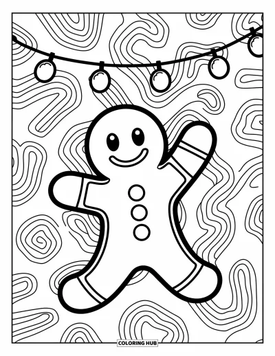 Coloriage de pain d'épices pour enfants : Un personnage en pain d'épices s'étire pour accrocher des guirlandes de pastilles, entouré de motifs festifs
