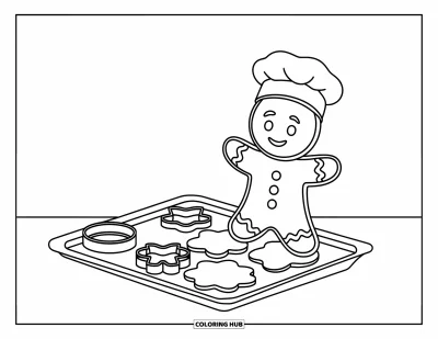 Coloriage de pain d'épices pour enfants : Un chef en pain d'épices se tient à côté d'emporte-pièces prêts pour une séance de pâtisserie