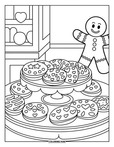 Coloriage de pain d'épices pour enfants : Des biscuits en pain d'épices en forme d'étoiles et de cœurs posés près d'une mascotte de boulangerie qui fait signe