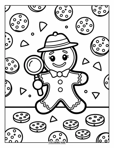 Coloriage de pain d'épices pour enfants : Un détective en pain d'épices suit une piste de miettes de biscuits à la loupe