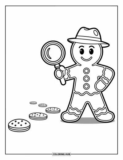 Coloriage de pain d'épices pour enfants : Un détective en pain d'épices prêt à résoudre le mystère avec un regard perçant