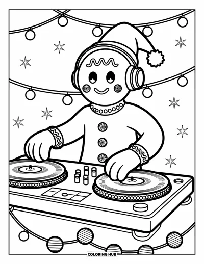 Coloriage de pain d'épices pour enfants : Un DJ en pain d'épices mixe des disques en bonbon à la menthe lors d'une fête de Noël festive