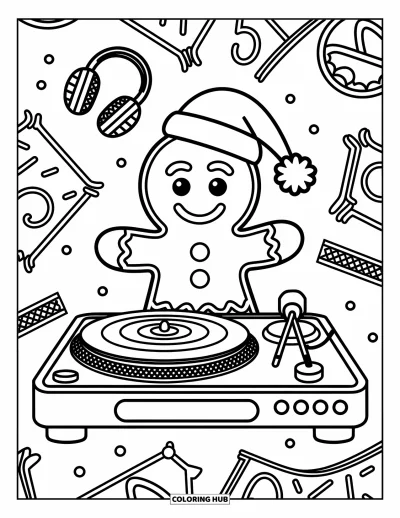 Coloriage de pain d'épices pour enfants : Un DJ en pain d'épices mixe des disques en bonbon à la menthe lors d'une fête avec des écouteurs en canne en sucre d'orge