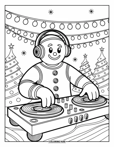 Coloriage de pain d'épices pour enfants : Un DJ en pain d'épices se tient fièrement derrière ses platines, entouré d'étoiles et d'une ambiance de fête