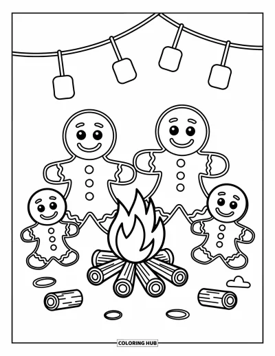 Coloriage de pain d'épices pour enfants : Une famille en pain d'épices se réchauffe au coin du feu, entourée de feuilles d'automne et de petites bûches