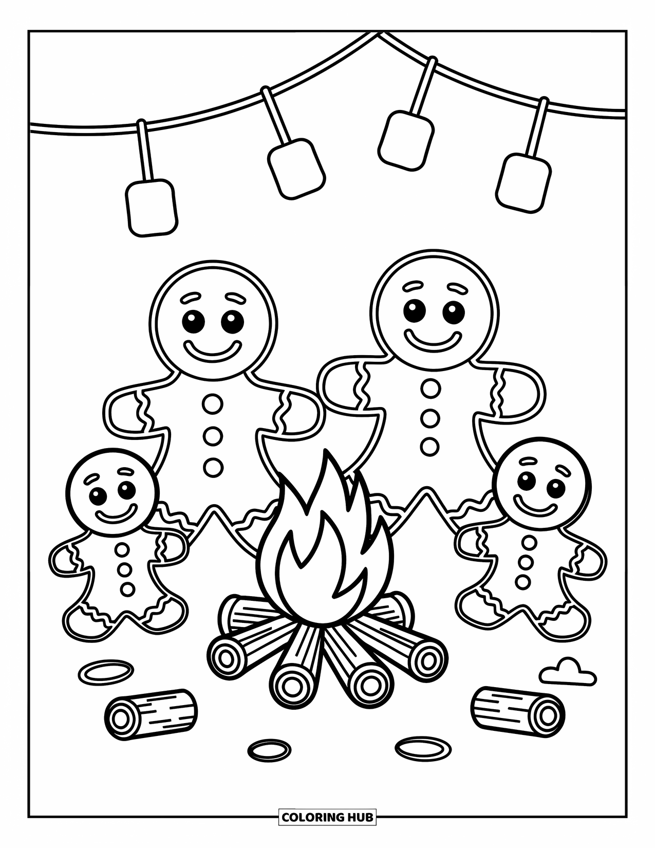 Gingerbread Coloring Page for Kids: Gingerbread family warms up by the fire, surrounded by autumn leaves and tiny logs