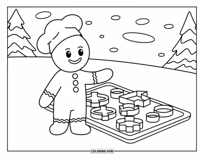 Coloriage de pain d'épices pour enfants : Un personnage en pain d'épices avec une toque de chef se tient près d'emporte-pièces et de flocons scintillants