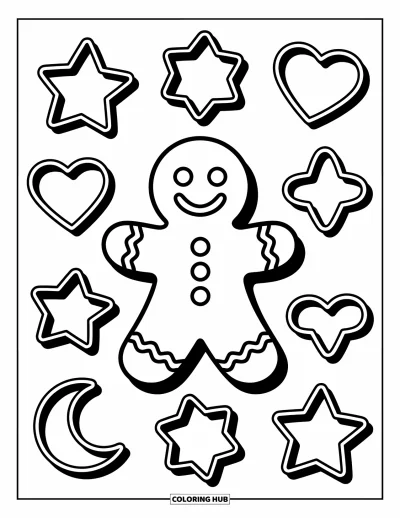 Coloriage de pain d'épices pour enfants : Un personnage en pain d'épices souriant parmi des emporte-pièces en forme d'étoiles, de cœurs et de lunes