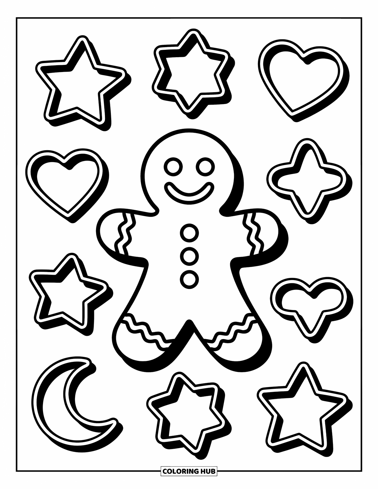 Gingerbread Coloring Page for Kids: Gingerbread figure smiles among cookie cutters shaped like stars, hearts, and moons