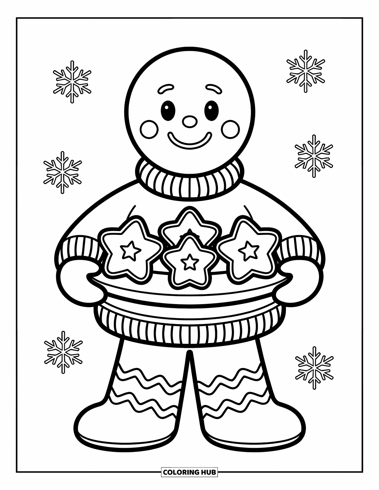 Gingerbread Coloring Page for Kids: Gingerbread friend in a sweater shares cookies beneath gently falling snowflakes