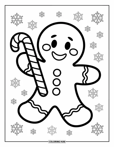 Coloriage de pain d'épices pour enfants : Un personnage en pain d'épices salue joyeusement en tenant une canne en sucre d'orge